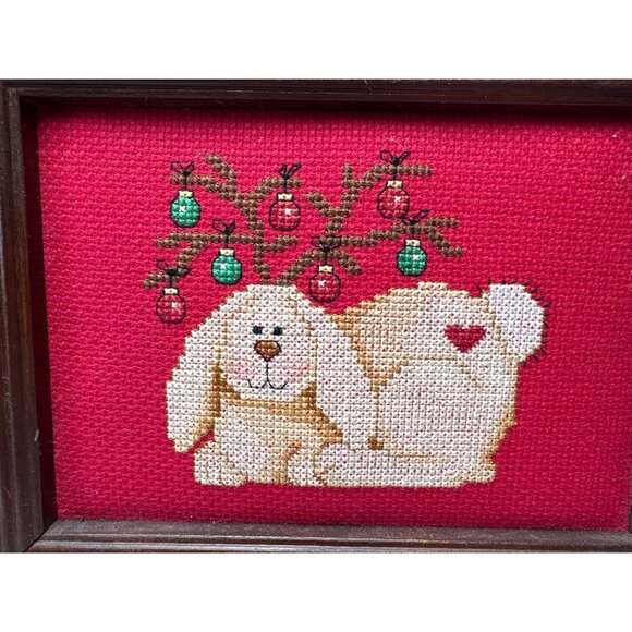 8" x 6"Framed Cross Stitch Bunny Ornament Antlers on Red Background - Picture 2 of 12